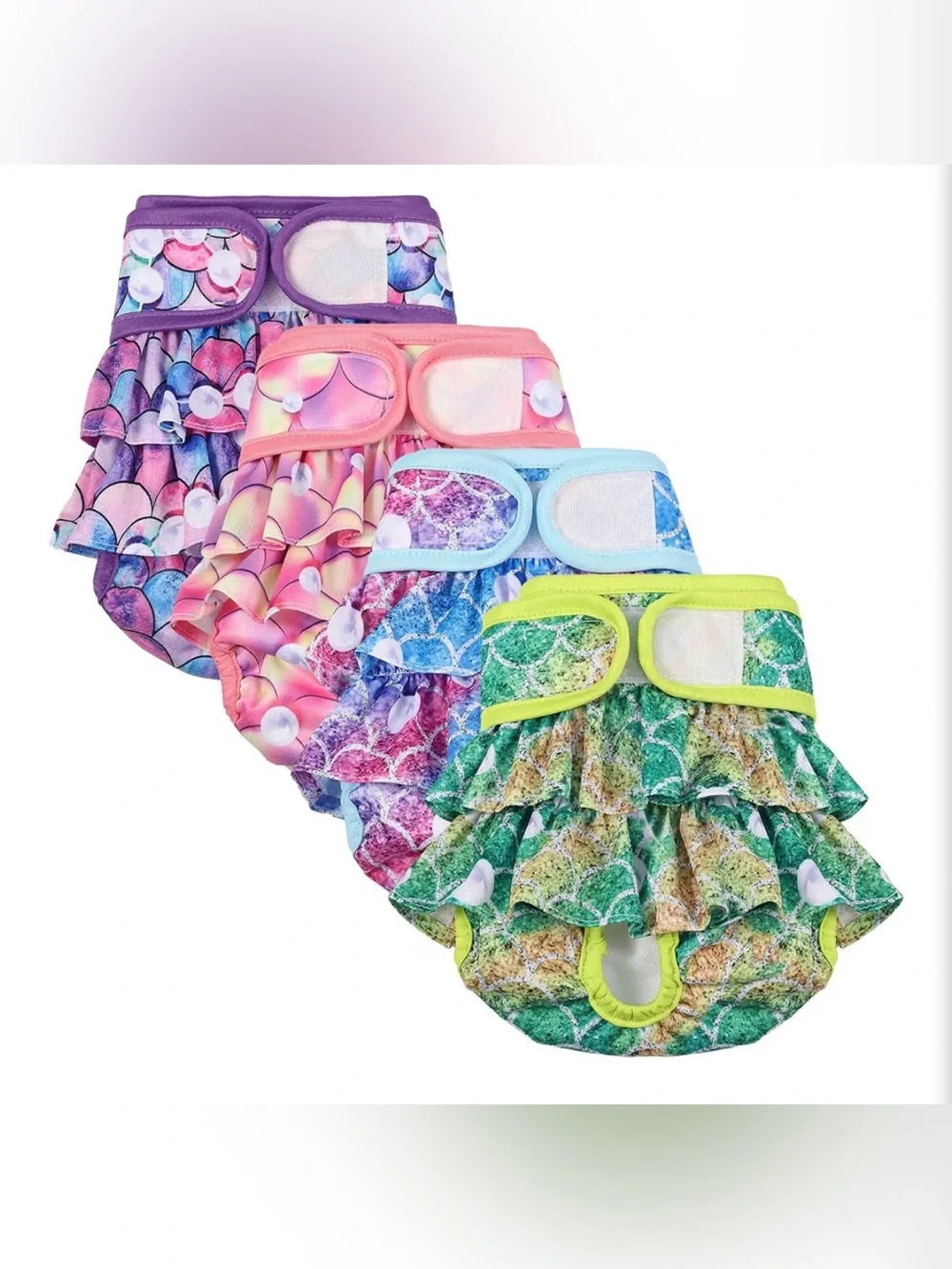 4-pack Reusable Dog Diapers Female Mermaid Pastels Ruffles Size Large Washable